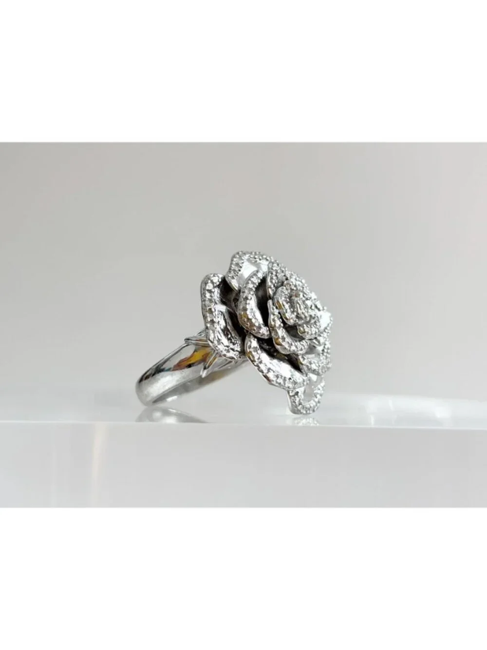 Blooming Rose Floral Textured Jumbo Sterling Silver 925 Vintage Ring - sz 7